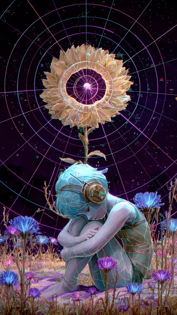 A stylized digital painting depicts a cyan-skinned, headphone-wearing figure sitting amidst vibrant, otherworldly flora.  The figure's body is rendered with a translucent, network-like texture. Above, a large, glowing sunflower dominates the scene, positioned within a cosmic, grid-like pattern against a dark, starry background. The overall aesthetic is surreal and dreamlike, blending organic and technological elements.