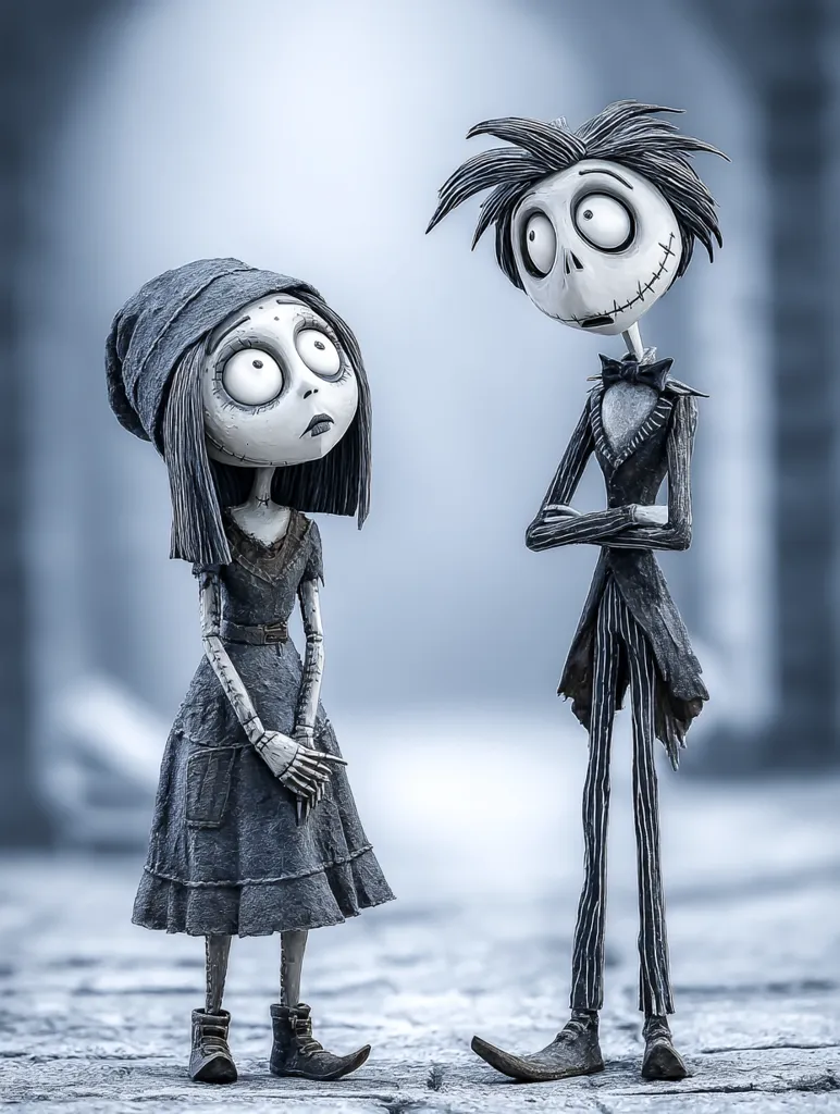 Two stylized skeletal figures, reminiscent of Tim Burton's characters, stand against a muted backdrop.  The female figure, in a simple dress and bonnet, appears demure.  The male figure, taller and in formal attire, stands with arms crossed, conveying a slightly aloof demeanor.  Their pale skin and exaggerated features create a whimsical yet slightly unsettling aesthetic.  The scene's monochromatic palette enhances the overall gothic feel.