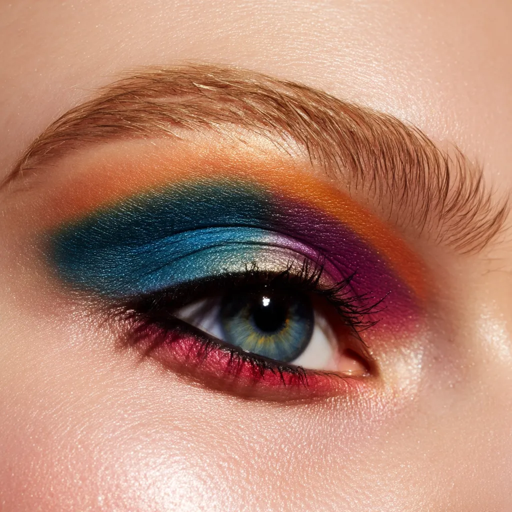 A close-up showcases a vibrant eyeshadow look.  The eye is adorned with a gradient of warm oranges and yellows transitioning to a deep teal, accented with purple and a hint of red liner.  The  eyebrows are naturally shaped and well-groomed, complementing the bold eye makeup. The overall effect is a striking and colorful makeup design.