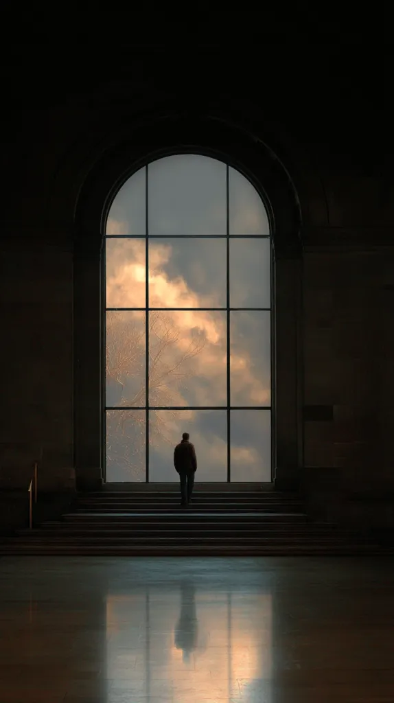 A lone figure stands silhouetted against a large arched window, gazing at a dramatic sunset sky. The window is divided into panes, showcasing a view of clouds and a bare tree branch.  The interior is dark and spacious, with a polished floor reflecting the scene outside. The overall mood is contemplative and serene.