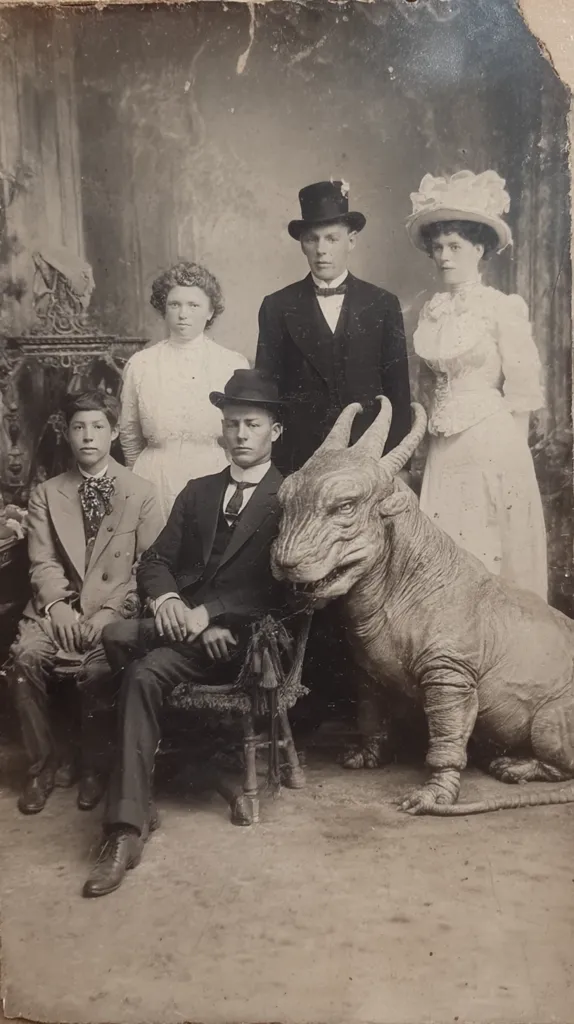 A sepia-toned photograph shows a group portrait of five people and a large, reptilian creature.  Two women in dresses stand behind two men in suits and hats. A young man sits to the left. The central figure is a man seated in a chair beside a creature that resembles a dragon or dinosaur. The image has a vintage, possibly early 20th-century, aesthetic.  The setting appears to be a formal studio.