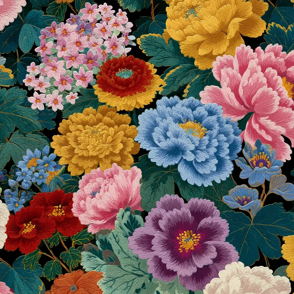 A vibrant floral tapestry displays a profusion of peonies in diverse colors—gold, pink, purple, blue, and red—surrounded by smaller blossoms.  The dark background enhances the flowers' rich hues and textures, giving the impression of embroidered detail.  The composition is dense, creating a luxurious and opulent visual effect.