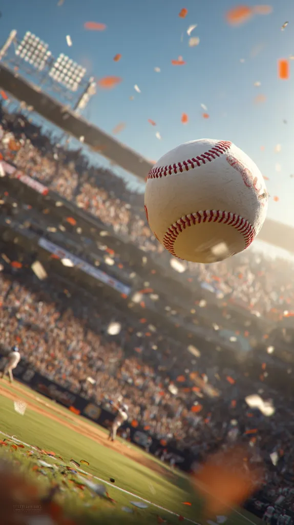 A baseball hangs in the air, suspended amidst a flurry of celebratory confetti.  The ball is sharply in focus, contrasting with the blurred background of a packed baseball stadium bathed in sunlight.  Fans fill the stands, and a player is visible on the field below.  The overall atmosphere depicts the excitement and jubilation of a sporting victory.