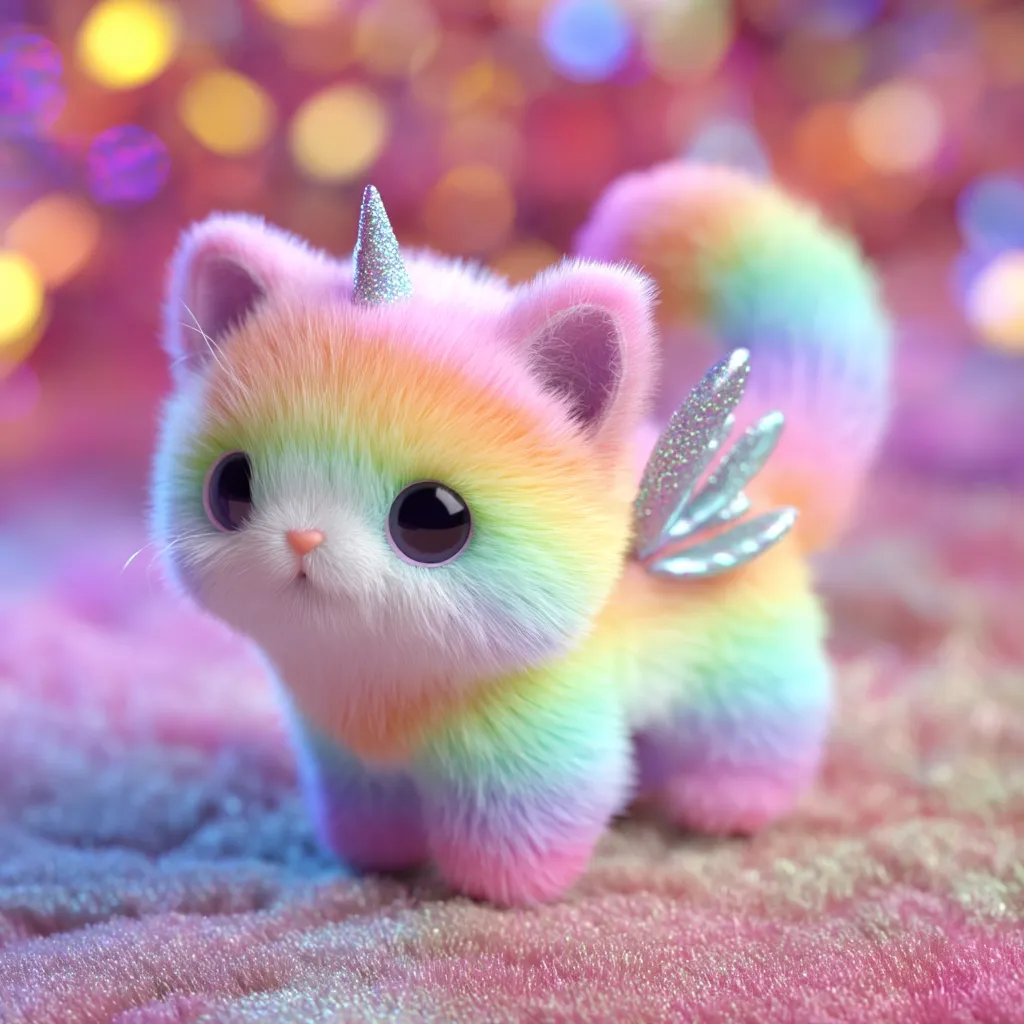 A charming, fluffy rainbow-colored kitten, adorned with a sparkly unicorn horn and iridescent wings, sits on a shimmering pink surface.  The kitten's large, expressive eyes and soft fur create a whimsical and adorable image. A bokeh effect in the background adds to the magical, dreamy atmosphere.