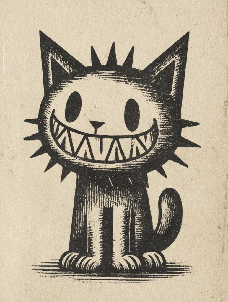 A stylized black and white illustration of a cat. The cat has a large, toothy grin, prominent eyes, and a spiky mane.  Its body is simplified, with short legs and a stubby tail. The overall style is reminiscent of vintage woodblock prints or linocuts, with a slightly sinister, whimsical quality. The image is set against a neutral beige background.