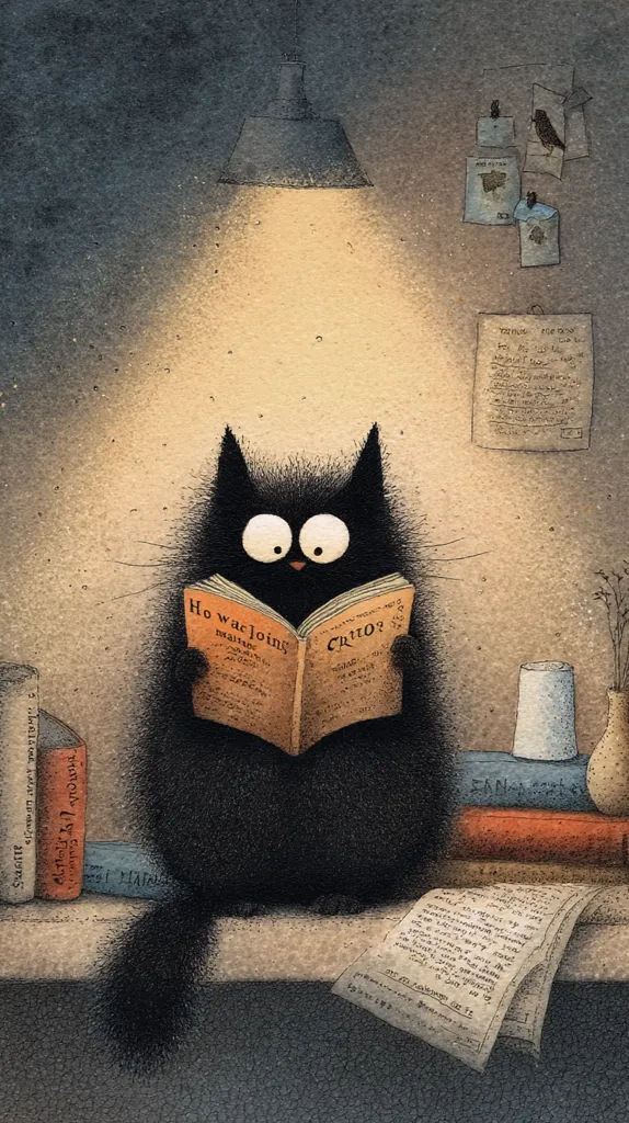 A whimsical illustration depicts a fluffy black cat engrossed in reading a book titled "How was Joing Maine?".  The cat sits on a shelf under a hanging lamp, surrounded by other books and papers, creating a cozy, studious atmosphere. The style is reminiscent of children's book illustrations, with a touch of gentle humor.  The overall scene is warm and inviting.