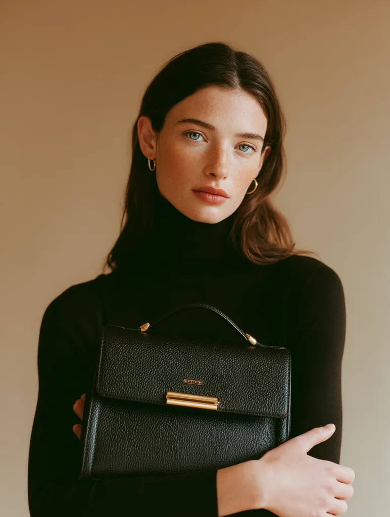 A young woman with long brown hair, wearing a black turtleneck sweater, holds a black leather handbag.  The bag features gold hardware and a subtle embossed logo.  The woman's expression is serious and her gaze is directed towards the viewer. The background is a muted, warm beige tone.