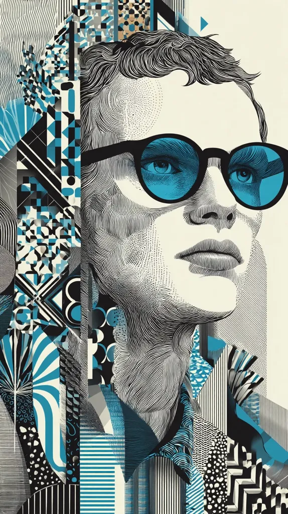 A stylized portrait of a person wearing blue sunglasses is surrounded by an abstract collage of geometric shapes and patterns in shades of black, white, and teal.  The portrait is rendered in a detailed, almost engraved style, contrasting with the bolder, fragmented background elements. The overall effect is a dynamic and visually rich composition.