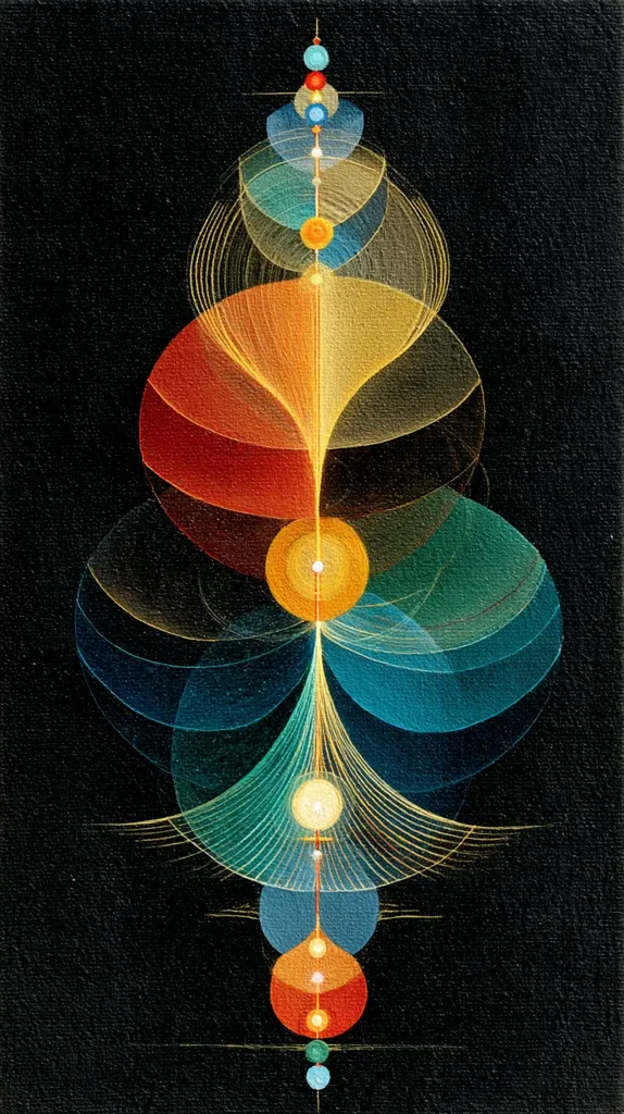 A vertical abstract artwork on a dark background features a central vertical axis with radiating lines and overlapping circles in varying shades of orange, teal, and gold.  The circles are layered, creating a sense of depth and movement.  The color palette is warm and rich, with a subtle glow emanating from the central points.  The overall effect is one of balance, harmony, and spiritual energy.