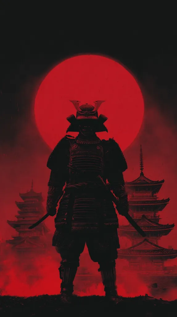 A silhouetted samurai, clad in full armor, stands against a backdrop of a crimson sun and traditional Japanese pagodas.  The image is rendered in shades of red, creating a dramatic and intense mood. The samurai's katana is visible at his sides, adding to the powerful and evocative scene.  The overall aesthetic is dark, mysterious, and visually striking.