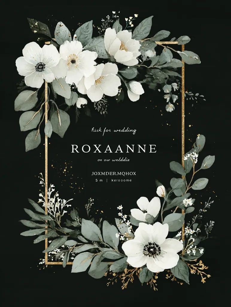 This elegant wedding invitation features a dark background adorned with a gold rectangular frame.  Within the frame, watercolor white flowers, primarily anemones and magnolias, are delicately arranged with grey-green leaves.  The name "ROXAANNE" is prominently displayed, along with wedding details including a date and location.  The overall aesthetic is sophisticated and romantic.