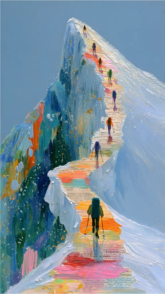 A vibrant painting depicts a line of hikers ascending a snow-covered mountain ridge.  The path is a colorful collage, layered with textured paint and snippets of text. The style is impressionistic, with bold brushstrokes capturing the movement of the hikers and the dramatic landscape. The sky is a soft blue, contrasting with the rich hues of the mountain's path. The overall impression is one of adventurous journey and perseverance.