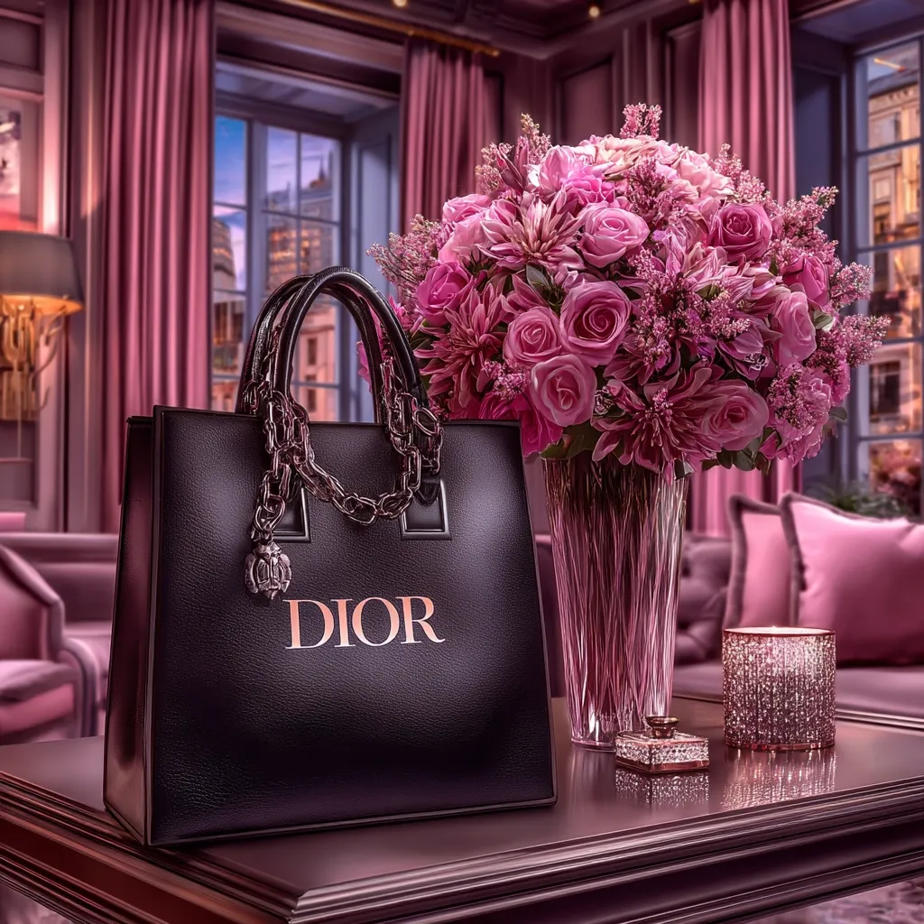 A luxurious Dior handbag sits on a polished table, next to a stunning bouquet of pink roses and dahlias in a crystal vase.  A sparkling candle and perfume bottle add to the opulent scene, set against a backdrop of rich pink velvet curtains and a city view.  The overall aesthetic is one of refined elegance and high-end luxury.