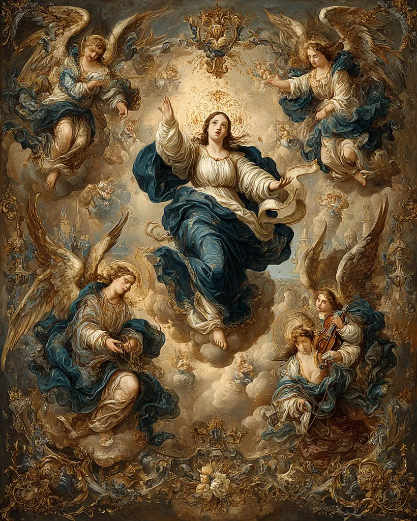 The painting depicts the Assumption of Mary, surrounded by cherubic angels. Mary, in a flowing blue robe, ascends to heaven, her gaze directed upward.  Angels play musical instruments and hold scrolls, while others flank Mary, their wings spread in a dynamic composition. The ornate frame adds to the celestial atmosphere, enhancing the religious significance of the artwork.  The overall style is Baroque, with vibrant colors and dramatic movement.