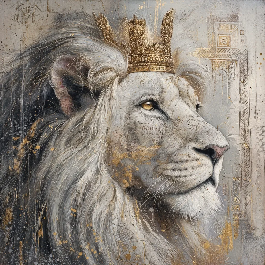A majestic white lion, crowned with a golden crown, is depicted in a striking portrait.  The lion's gaze is directed to the right, its expression serene yet regal. The background features textured gray and gold accents, resembling ancient stonework, enhancing the painting's regal and timeless atmosphere.  Gold paint splatters add to the artwork's richness and depth.