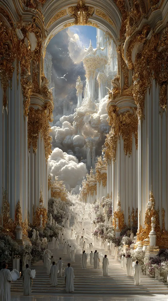 A grand, opulent staircase ascends towards a celestial city amidst clouds.  The staircase is lined with figures in white robes, moving towards a magnificent, golden-accented palace in the heavens.  The architecture is ornate, featuring towering columns and intricate gold detailing, creating a breathtaking, otherworldly scene.  Light streams from above, illuminating the path and the majestic structure in the distance.