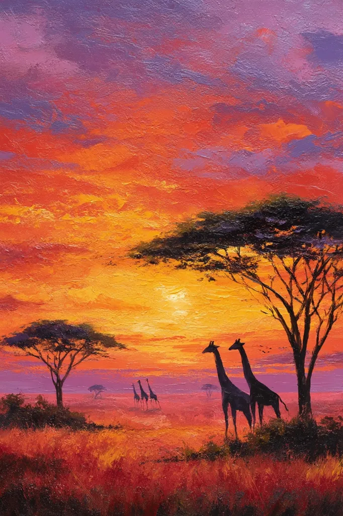 A vibrant sunset paints the African savanna in fiery oranges and purples.  Silhouetted against this dramatic sky, two giraffes stand prominently in the foreground, their long necks elegantly poised.  In the distance, a small group of giraffes slowly makes its way across the plains, under the watchful gaze of acacia trees. The scene is one of peaceful beauty and the wild majesty of the African landscape.