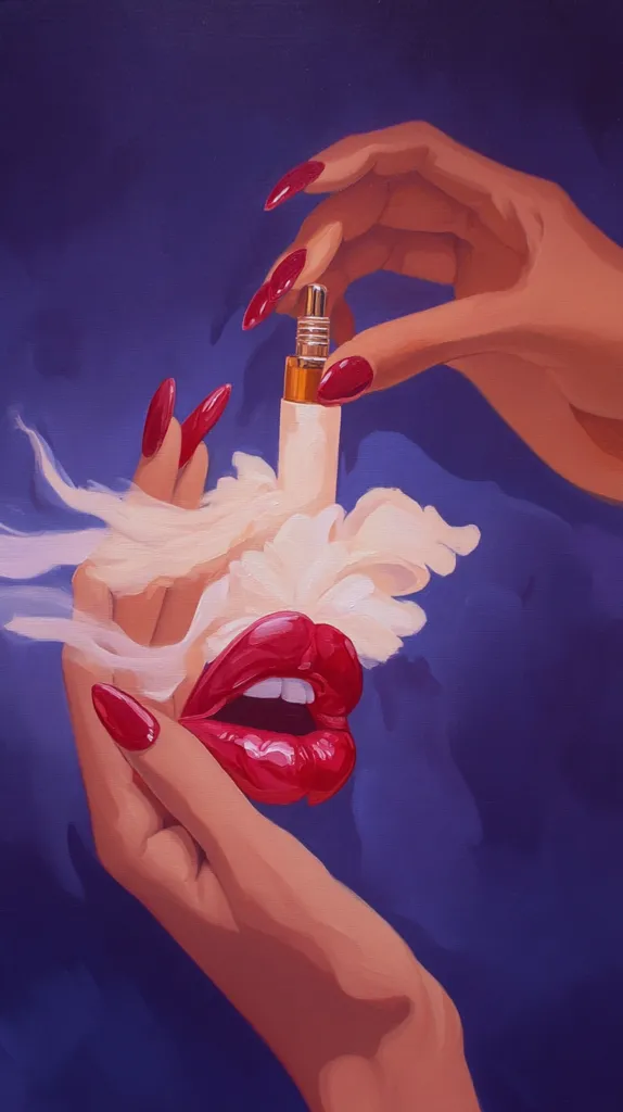 A stylized painting depicts a woman's hands with long, red nails delicately holding a perfume bottle.  A cloud of perfume, rendered as soft, white wisps, envelops a pair of full, red lips. The background is a deep purple, creating a dramatic contrast with the vibrant colors of the foreground. The overall style is bold and graphic, with a focus on color and form.