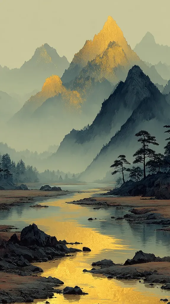 A serene landscape unfolds, where a tranquil river meanders through a valley nestled amidst majestic mountains.  The golden hues of the setting sun illuminate the peaks, casting a warm glow on the water's surface. Dark, silhouetted trees stand along the riverbanks, adding depth to the scene.  The overall mood is one of peace and tranquility, reflecting a harmonious blend of nature's elements.