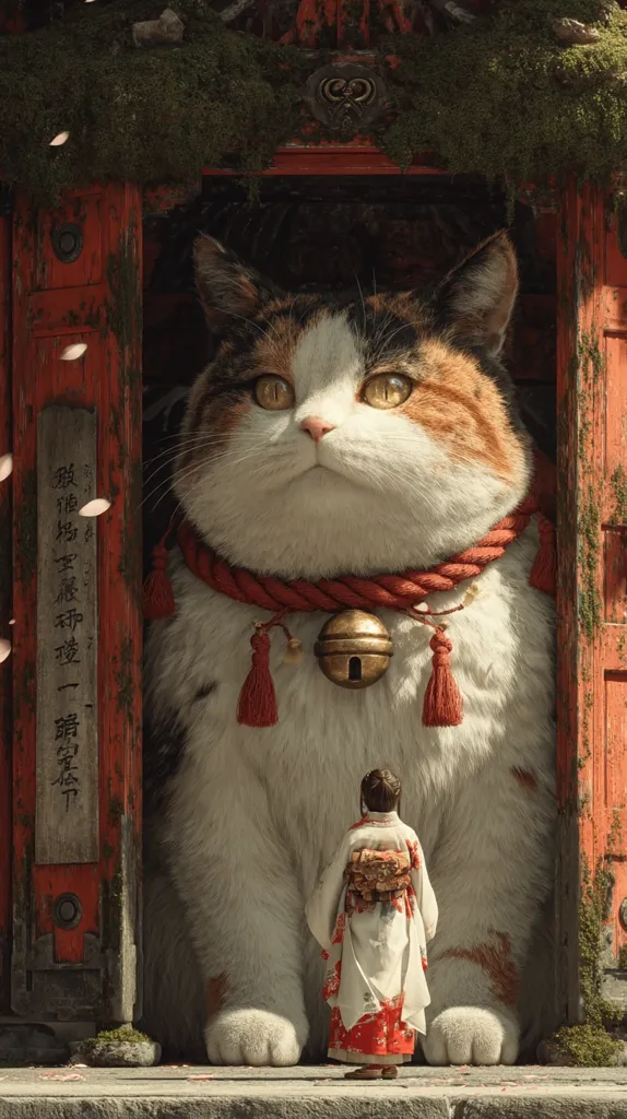 A colossal calico cat, adorned with a red rope collar and bell, stands majestically within an aged, moss-covered Japanese shrine doorway.  A small figure in a traditional kimono stands before it, dwarfed by the feline's immense size.  Falling cherry blossoms add to the serene, mystical atmosphere. The scene evokes a sense of ancient legend and quiet reverence.