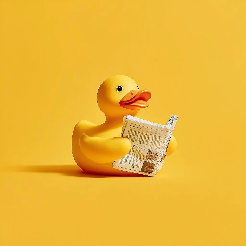 A bright yellow rubber duck sits against a matching yellow background, attentively reading a newspaper.  The duck holds the folded paper in its small, plastic hands. The scene is minimalist and humorous, creating a playful contrast between the childish toy and the adult activity of reading news. The overall tone is cheerful and lighthearted.