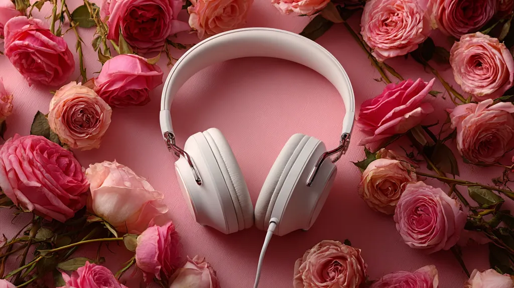 A pair of white over-ear headphones rests on a pink surface surrounded by numerous pink roses.  The roses are arranged artfully around the headphones, creating a romantic and aesthetically pleasing image. The scene suggests a tranquil and relaxing atmosphere, perhaps hinting at listening to music amidst a floral setting.