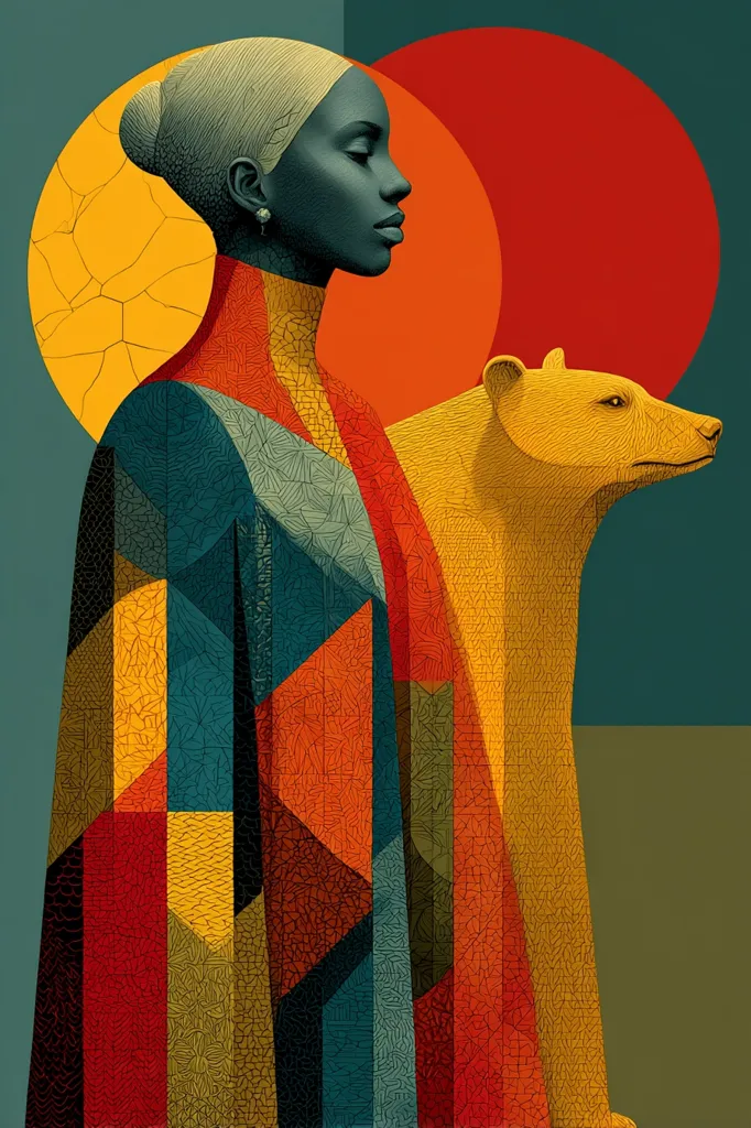 A stylized portrait depicts a dark-skinned woman in a geometrically patterned cloak, standing beside a similarly patterned polar bear.  Warm, earthy tones of orange, teal, and gold dominate the color palette.  The background features two large, overlapping circles in shades of orange and red, creating a sense of depth and symbolism. The overall style is reminiscent of cubism and art deco, with a focus on bold shapes and textures.
