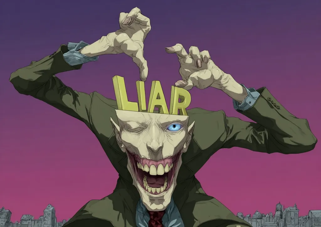 A grotesque figure in a suit uses its hands to place the word "LIAR" above its head, which is split open to reveal a monstrous grin and a mismatched blue eye. The figure's expression is unsettling, suggesting deception and malice.  The backdrop is a purple-hued cityscape, adding to the ominous atmosphere. The art style is sharp and detailed, emphasizing the character's disturbing features.