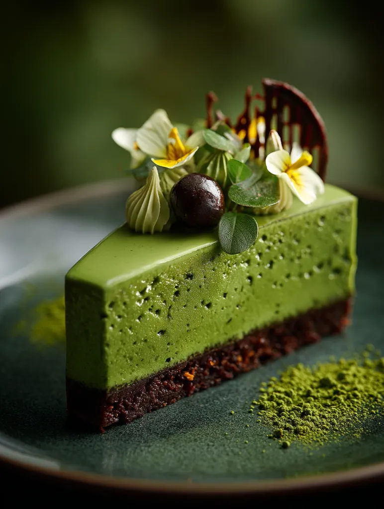 A slice of matcha cheesecake is elegantly presented on a dark green plate. The vibrant green mousse is layered on a chocolate base, adorned with delicate white flowers, a dark chocolate garnish, and a dusting of matcha powder.  The dessert is meticulously crafted, showcasing a sophisticated and visually appealing presentation.