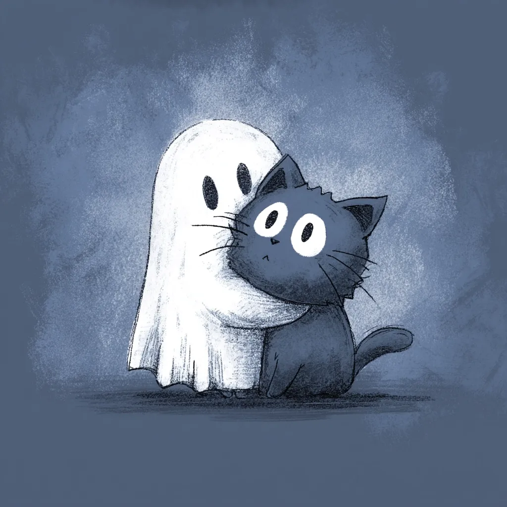A friendly ghost, drawn in a sketchy style, gently embraces a small, dark-colored cat.  The ghost is depicted in white, while the cat is a muted blue-gray. Both characters have large, expressive eyes. The background is a dusky blue, adding to the whimsical, Halloween-themed atmosphere of the illustration. The image evokes feelings of warmth and companionship.