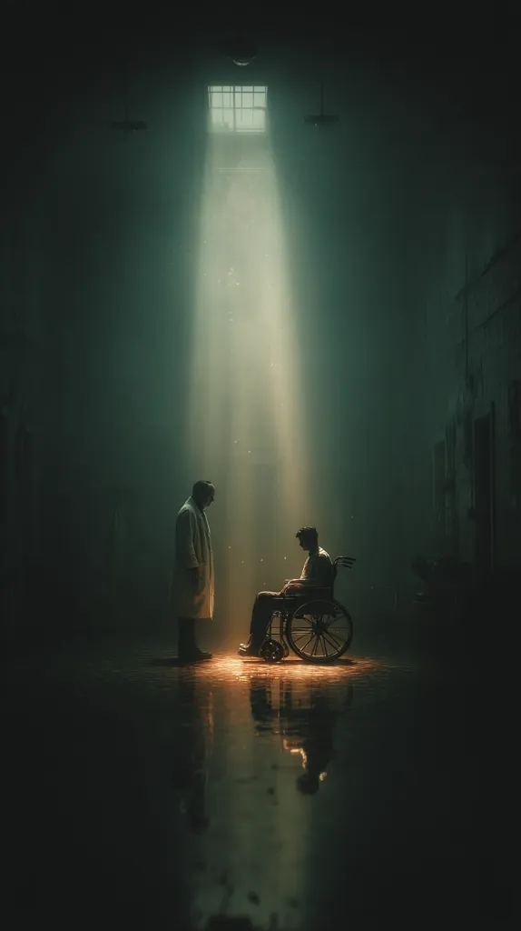 A solitary beam of light pierces the gloom of a dilapidated building, illuminating two figures.  A man in a white coat stands facing a man seated in a wheelchair.  The atmosphere is somber and mysterious, suggesting a scene of contemplation or confrontation within a desolate, possibly institutional, setting. The reflection on the wet floor enhances the image's mood.