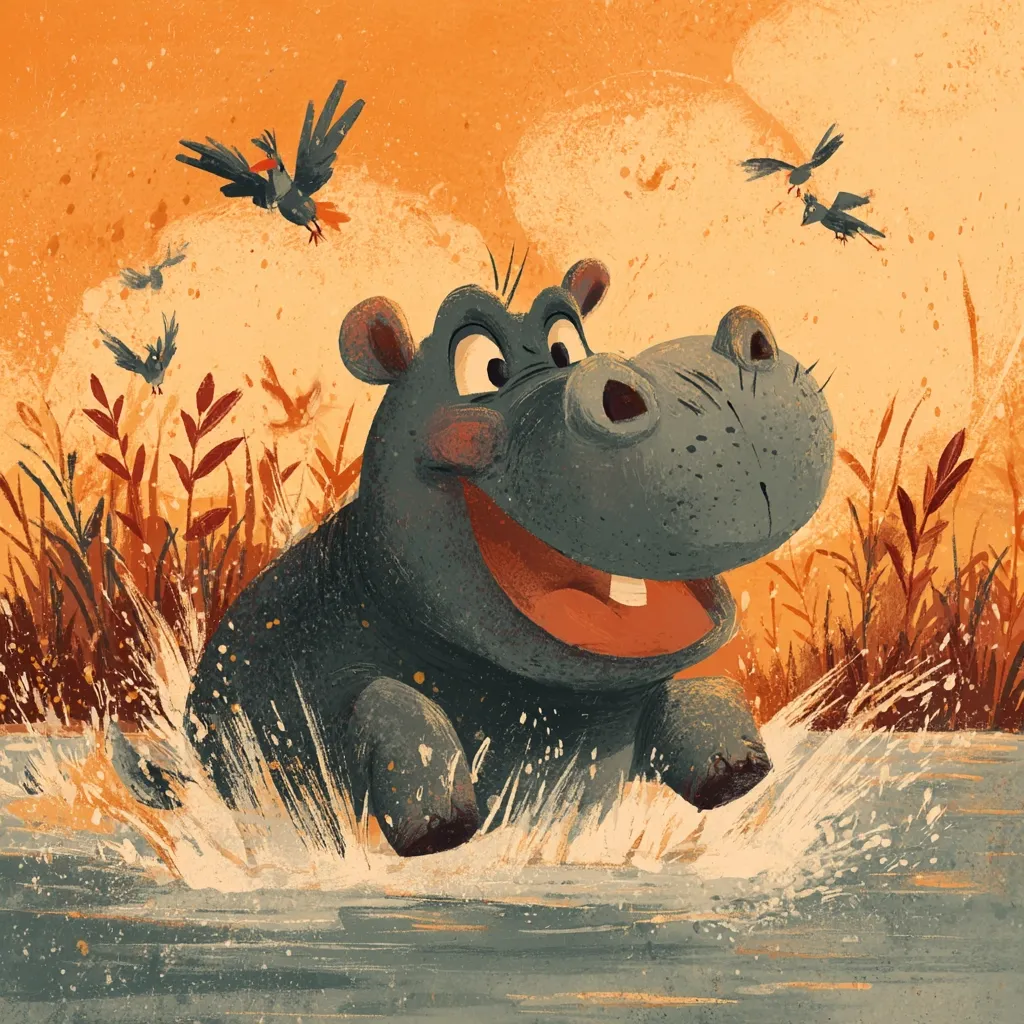 A cheerful hippopotamus splashes joyfully into a river at sunset.  Several small birds fly playfully overhead against a warm orange sky.  The hippo's wide grin and the energetic water spray convey a sense of carefree fun in a vibrant, stylized illustration.  Tall grasses line the riverbank, adding to the idyllic African scene.