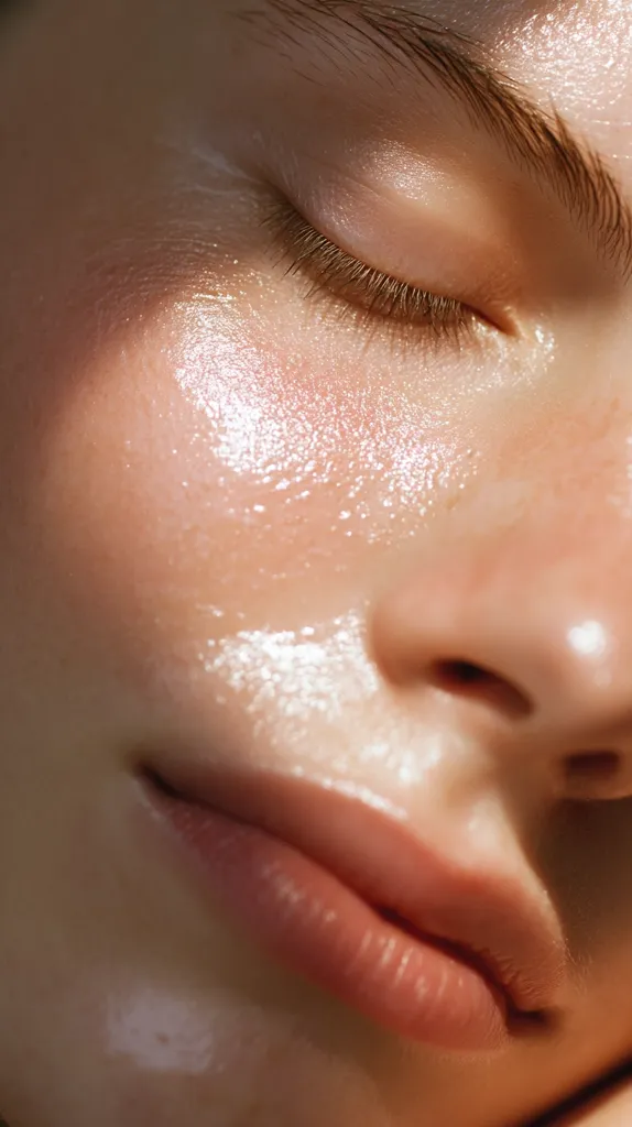 Close-up of a woman's face, eyes closed, with a shimmering, dewy complexion.  Sunlight glints off the skin, highlighting a luminous, healthy glow.  A pearly sheen is visible on the skin and lips, suggesting the application of moisturizer or skincare product. The overall impression is one of serenity and natural beauty.