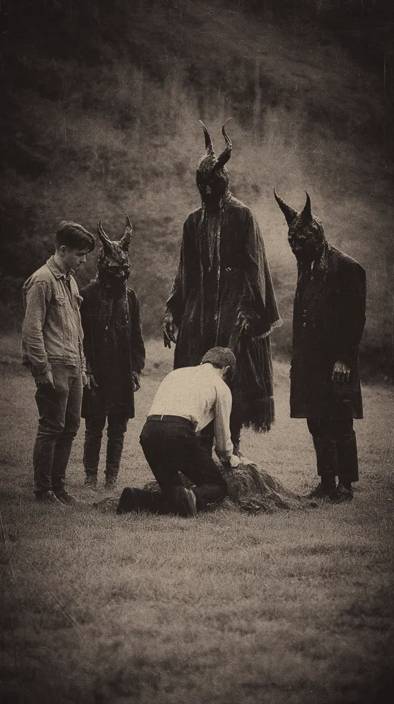A sepia-toned photograph depicts a ritualistic scene. Three individuals in devilish masks stand behind a kneeling figure, who appears to be interacting with a mound of earth.  Two other people, possibly onlookers, observe. The atmosphere is dark and ominous, suggestive of a pagan or occult ceremony in a desolate, outdoor setting. The overall mood is unsettling and mysterious.