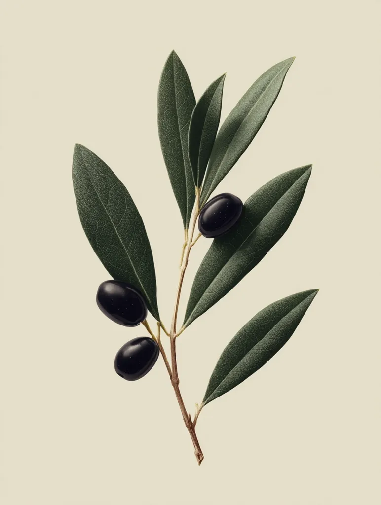 A sprig of olive leaves and three ripe, dark olives is artfully arranged against a muted beige background. The leaves are a deep, rich green, showcasing intricate details and textures. The olives are positioned strategically along the branch, creating a visually appealing balance.  The overall image exudes a sense of simplicity and natural elegance.