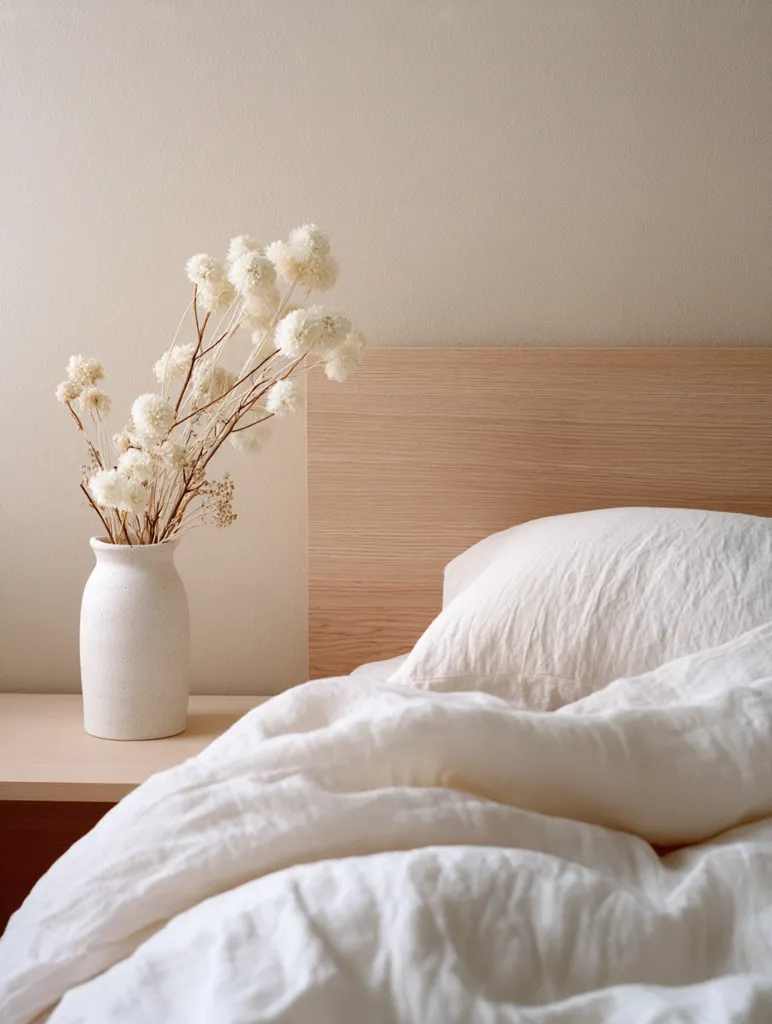 A minimalist bedroom scene features a light wood headboard and a bed dressed in crisp white linen bedding.  A small, white speckled vase holds dried white flowers on a beige bedside table. The overall aesthetic is calming and serene, emphasizing natural textures and a neutral color palette.  Soft, natural light illuminates the scene.