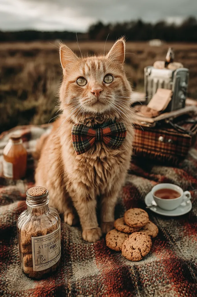 A ginger cat, adorned with a plaid bow tie, sits majestically on a plaid blanket.  Surrounding it are a vintage-style bottle of treats, a cup of tea, and oatmeal cookies.  A rustic picnic basket and antique-looking device are in the background, creating a charming, whimsical scene in a seemingly rural setting. The overall mood is cozy and aesthetically pleasing.
