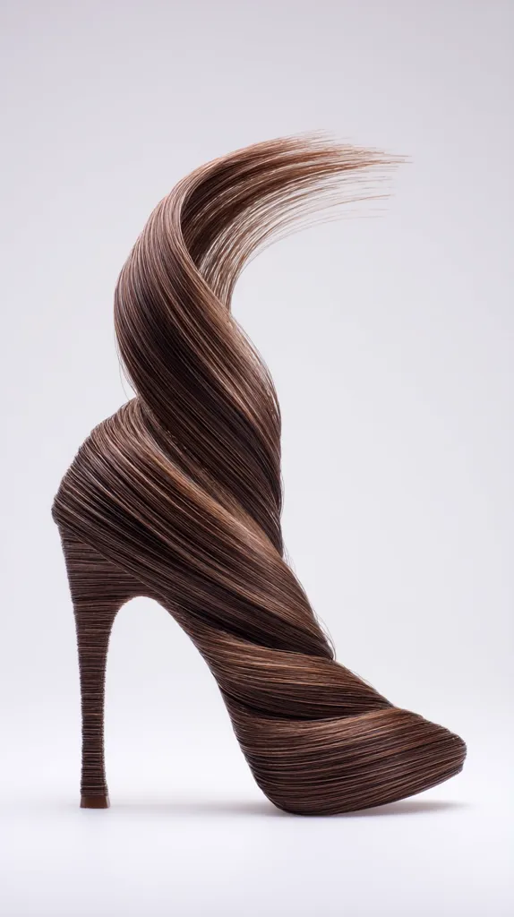 A high-heeled shoe sculpted entirely from long, brown hair is presented against a stark white background. The hair is meticulously arranged, twisting and swirling to form the shoe's structure, showcasing the hair's texture and sheen.  The image emphasizes the unusual material and the craftsmanship involved in creating this unique piece.