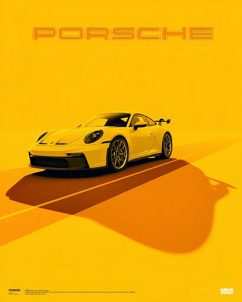 A vibrant yellow poster showcases a yellow Porsche 911 GT3, sharply angled on a matching yellow road.  The car casts a long shadow, adding depth to the minimalist design. The word "PORSCHE" is prominently displayed in a bold, orange sans-serif font at the top. The overall aesthetic is clean, modern, and striking.
