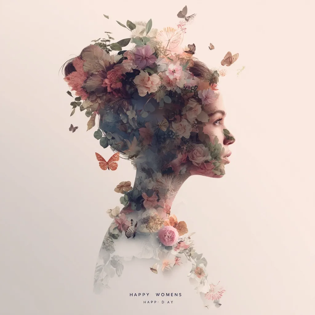A double exposure image depicts a woman's profile seamlessly blended with an array of delicate flowers and butterflies.  The floral elements form a crown-like effect around her head and cascade down her shoulders. Soft pastel colors dominate the palette, creating a serene and feminine aesthetic.  The phrase "Happy Womens Happy Day" is subtly placed at the bottom. The overall effect is both beautiful and evocative, suggesting growth, beauty, and the celebration of women.