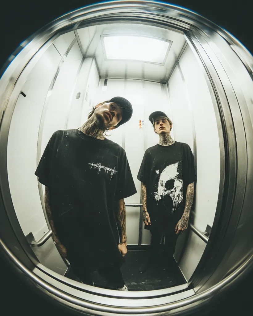 A fisheye lens captures two young men with tattoos, dressed in black t-shirts and baseball caps, standing in an elevator.  One shirt features a skull graphic, the other has a barbed wire design. The stark white walls of the elevator create a high contrast with their dark clothing. The image has a gritty, urban feel.