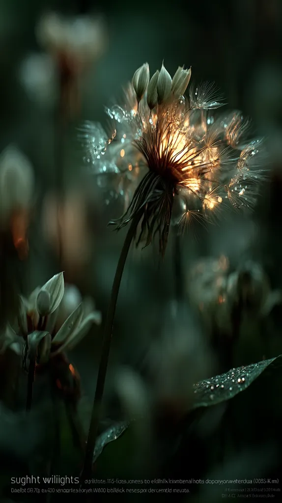 A close-up shot reveals a dandelion seed head, delicately illuminated from within, creating a luminous effect.  Water droplets cling to the delicate seeds, adding to the ethereal beauty. The background is a soft, dark green, blurring into a bokeh effect.  The overall mood is mystical and serene, evoking a sense of wonder.