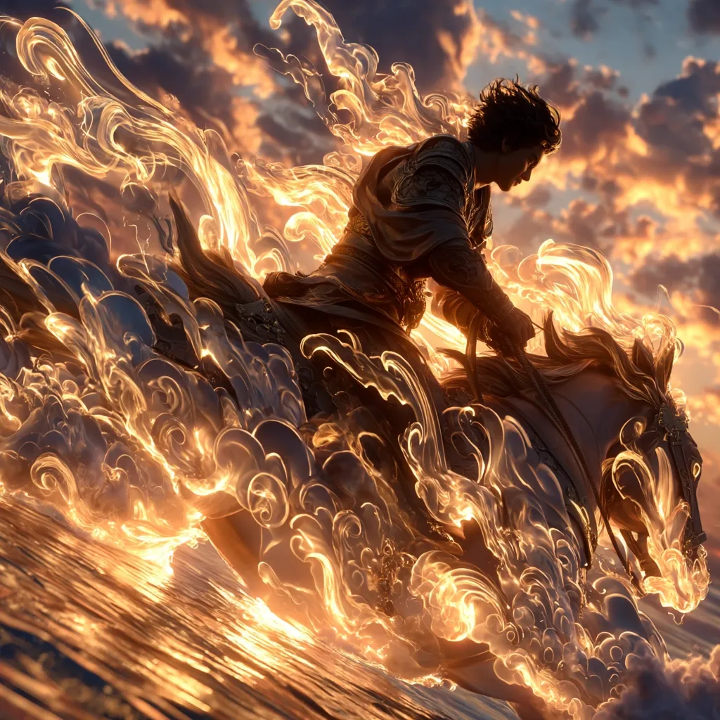 A warrior, clad in ornate robes, rides a horse enveloped in fiery, swirling energy resembling flowing water or clouds.  The scene is set against a dramatic sunset sky.  The golden light illuminates the rider and steed, creating a mystical and powerful image. The horse and rider appear to be moving swiftly across a dark body of water, leaving a luminous trail in their wake.