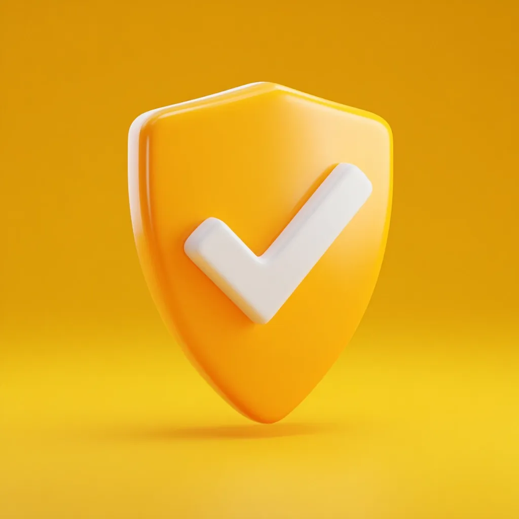 A 3D rendering depicts a bright yellow shield-shaped icon against a matching yellow background.  A prominent white checkmark is centered on the shield, signifying security, approval, or verification. The glossy texture of the icon adds a modern and playful feel. The image is simple yet effective in conveying a message of safety and confirmation.