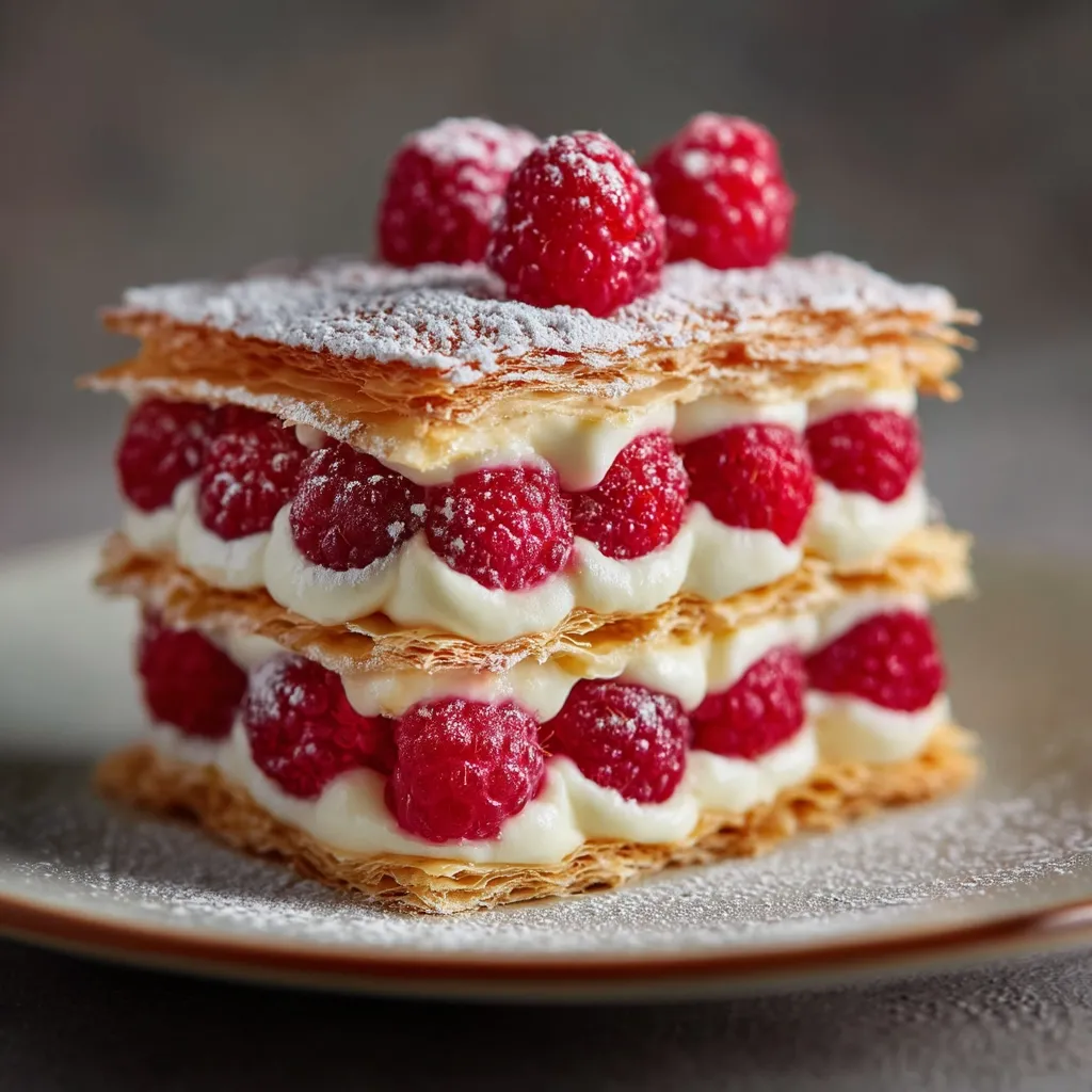 A delectable mille-feuille pastry is elegantly presented.  Layers of crisp, golden puff pastry are generously filled with creamy vanilla custard and plump, fresh raspberries, dusted with a light coating of powdered sugar.  The vibrant red raspberries contrast beautifully with the creamy white filling and create a visually appealing dessert.