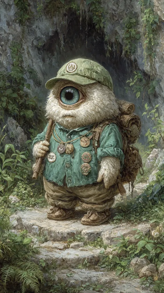 A whimsical, furry creature with a single large eye, resembling a cyclops, is depicted. It wears a green ranger hat and shirt, adorned with various badges, and carries a backpack and a walking stick. The creature stands on a stone path amidst lush greenery near a rocky cave, creating a mystical and adventurous scene.  The style is reminiscent of fantasy illustration, combining realism with imaginative elements.