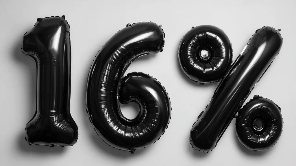 Black foil balloons spelling out "16%" are arranged on a light gray background.  The numbers are large and inflated, while the percent symbol is slightly smaller. The shiny, reflective surface of the balloons suggests a celebratory or promotional context.