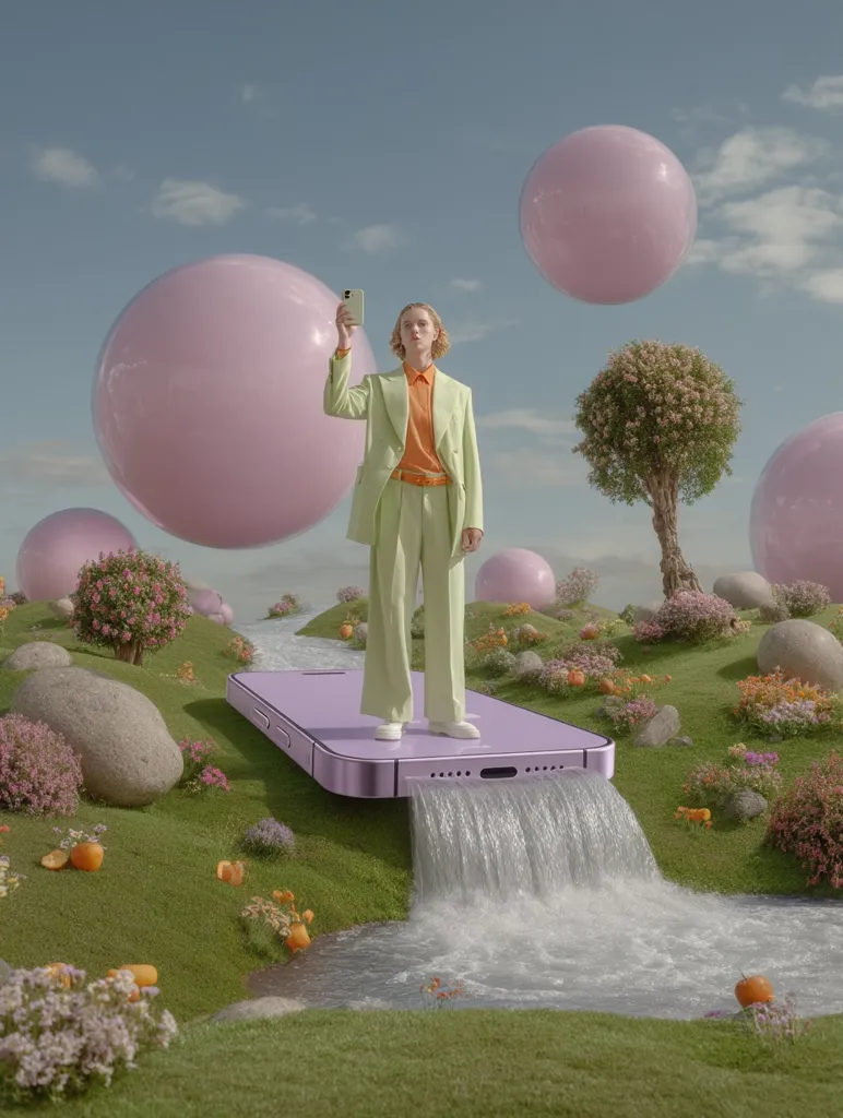 A person in a light green suit stands on a large, lavender-colored phone.  The phone is positioned over a small stream cascading from its charging port.  The scene is surreal, set in a miniature landscape with pastel-colored hills, blooming flowers, and large pink bubbles floating in a pale blue sky. The person holds a light green phone, taking a selfie. The overall aesthetic is dreamy and whimsical.