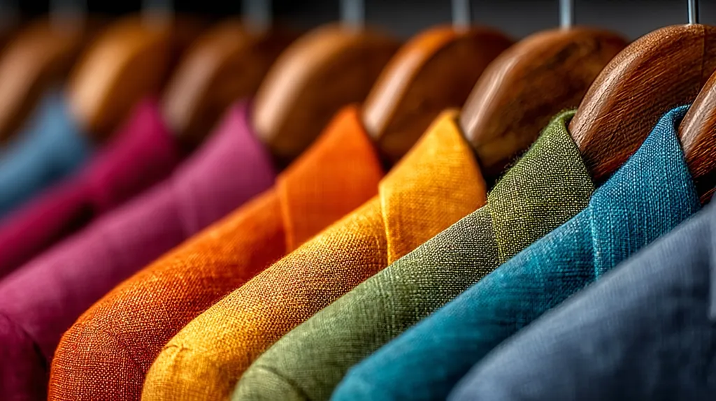 A close-up shot reveals a row of linen jackets hanging on wooden hangers.  The jackets are arranged in a vibrant spectrum of colors, transitioning smoothly from deep reds and oranges to yellows, greens, blues, and finally, grays. The texture of the linen is clearly visible, showcasing its subtle weave. The image emphasizes the rich colors and luxurious feel of the clothing.