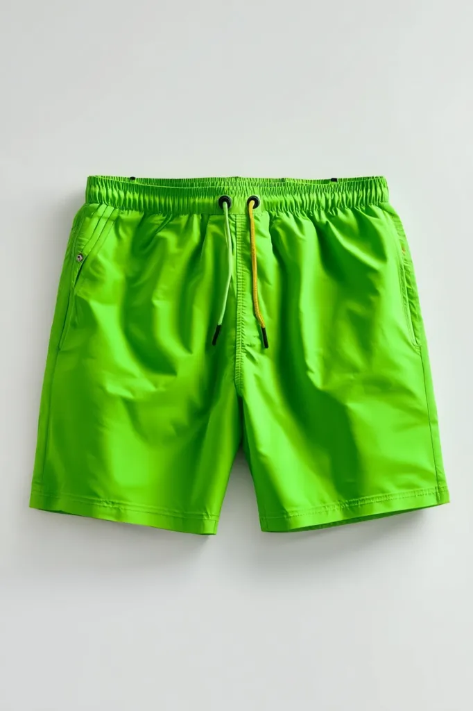 A pair of vibrant lime green swim trunks are displayed against a white backdrop.  The shorts feature an elastic waistband with drawstring closure and side pockets.  The bright color and simple design suggest a casual, summery style.  The fabric appears lightweight and suitable for swimming or beach wear.